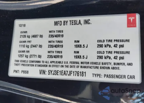 2018 Tesla Model 3 Long Range/Mid Range from USA, damaged, VIN 5YJ3E1EA7JF176181